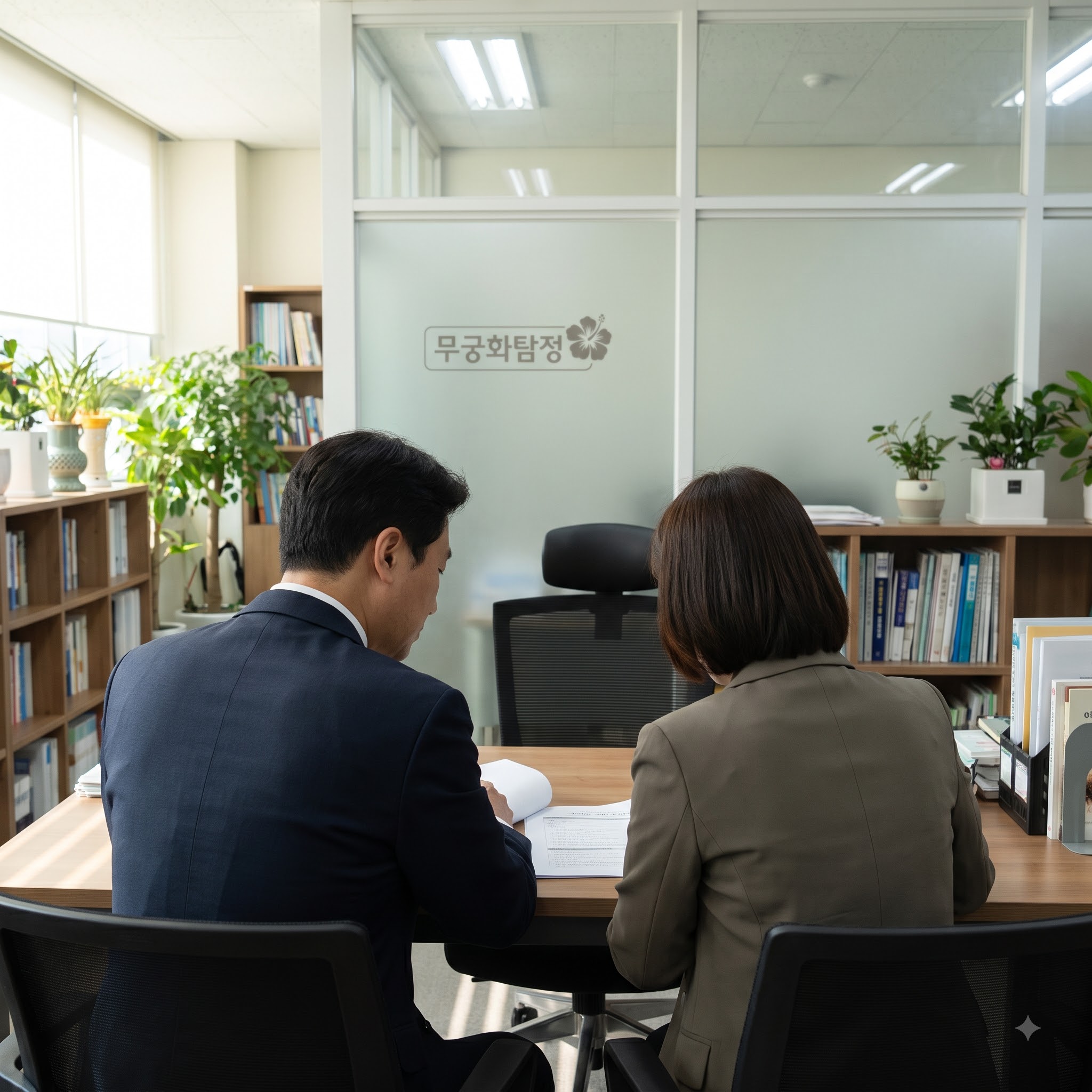 무궁화탐정사무소에서 서류를 살펴보는 상담 장면