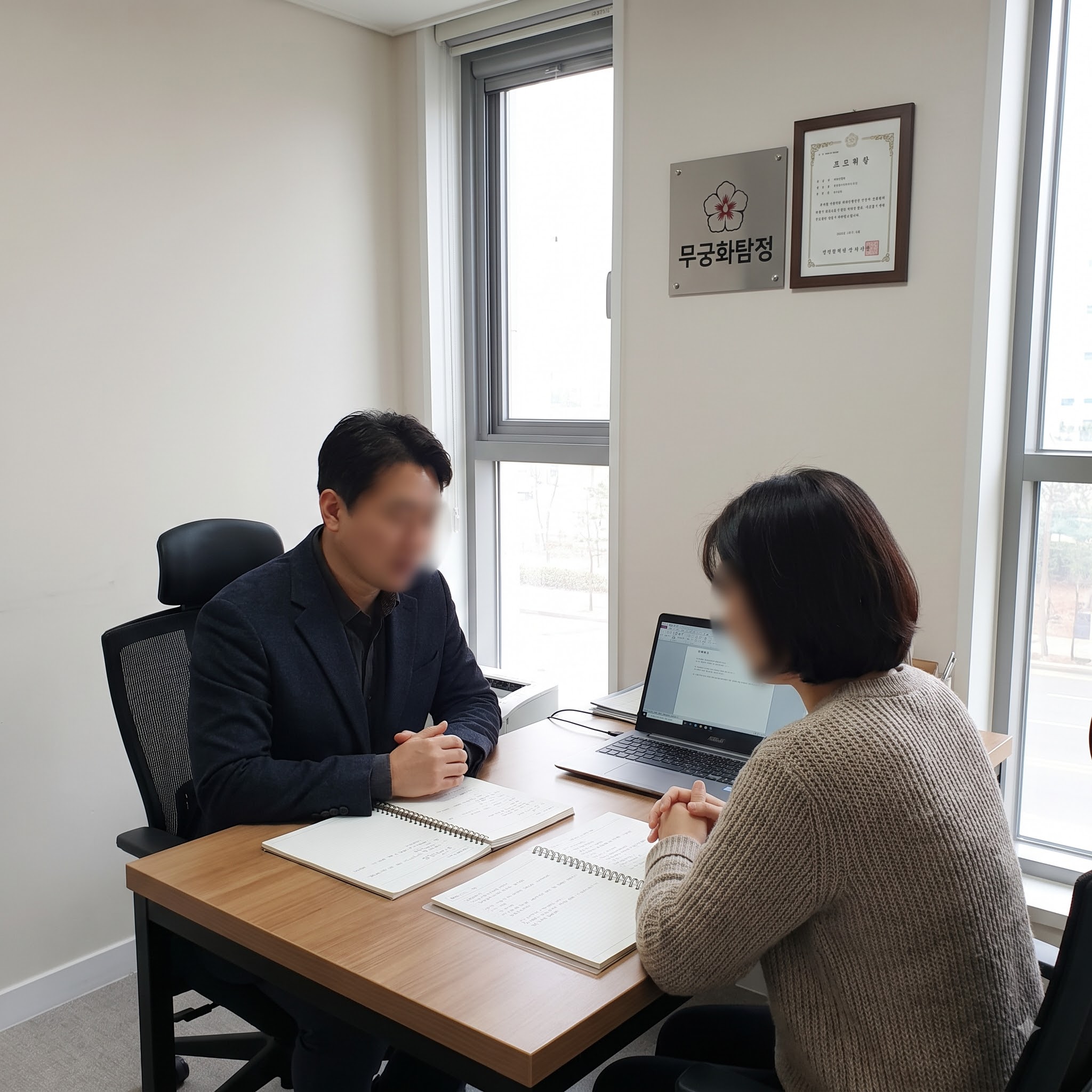 무궁화탐정사무소에서 대표와 의뢰인이 상담하는 모습